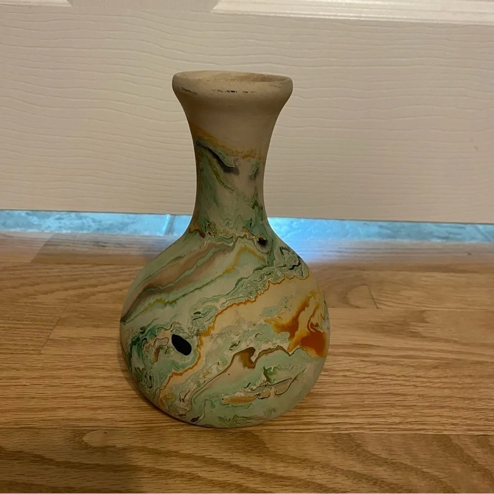 Vintage Nemadji Pottery Vase Watercolor Swirl Green Smoke Orange USA Made - Picture 2 of 5